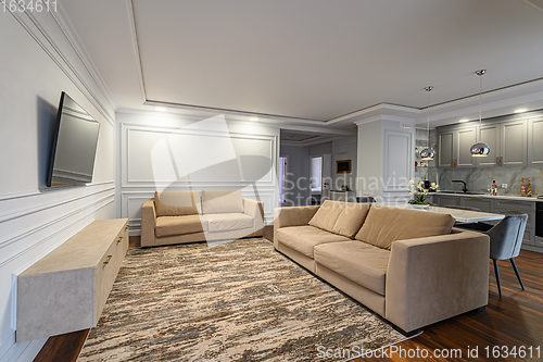 Image of Gray, white and beige luxury studio flat interior
