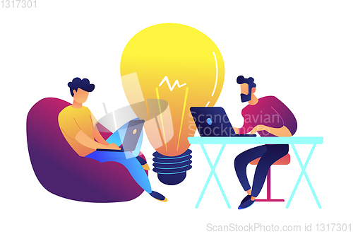 Image of Two programmers working with laptop and big bulb vector illustration.