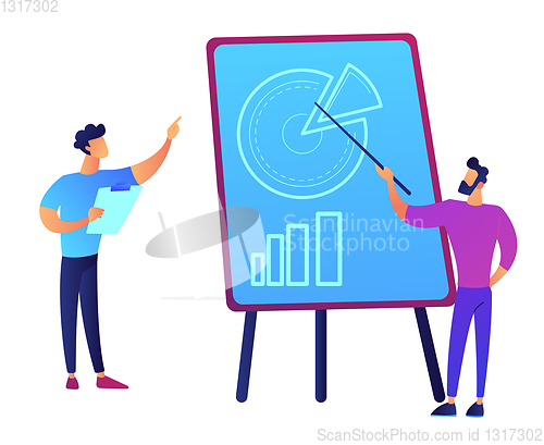 Image of Businessman pointing at pie chart during presentation vector illustration.