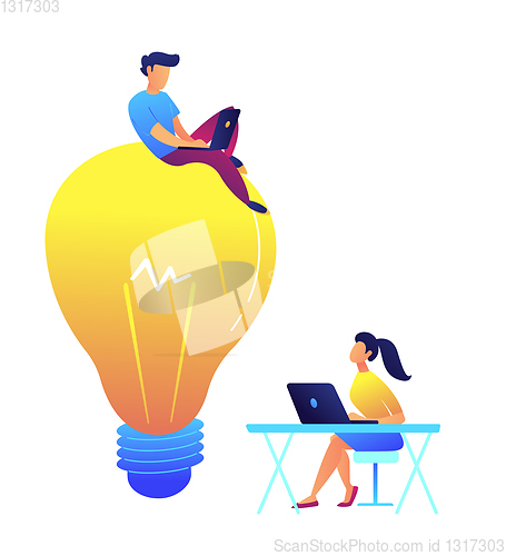 Image of Programmer working with laptop on huge light bulb and designer at desk vector illustration.