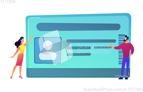 Image of Businessman and woman pointing at ID card vector illustration.