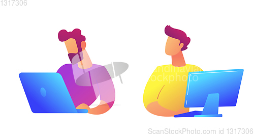 Image of Businessmen with laptops coworking vector illustration.