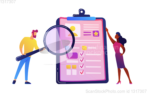Image of HR manager looking through a magnifying glass on job candidate CV vector illustration.
