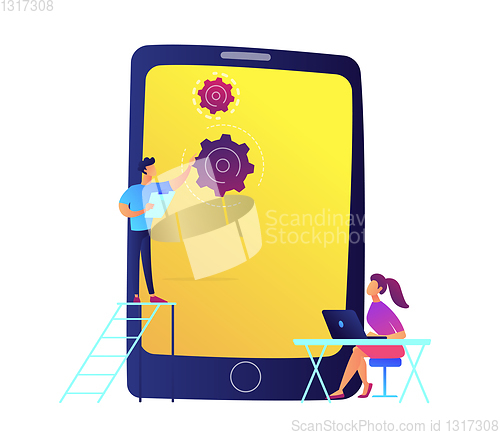 Image of Developers and huge mobile phone with gears vector illustration.