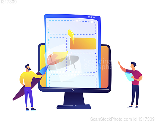 Image of Programmers drawing web page elements with brush on LCD screen vector illustration.