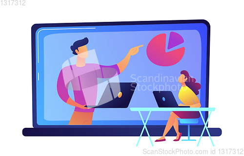 Image of Female student watching online conference with pie chart on a big laptop vector illustration.