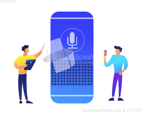 Image of Smart speaker and two businessmen vector illustration.