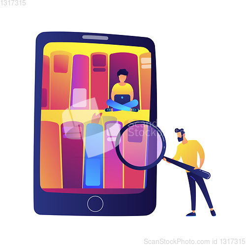 Image of Tablet with bookshelves and students using e-library vector illustration.