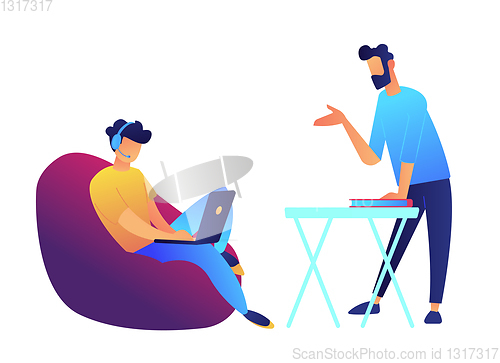Image of Teacher and student with laptop in headset learning online vector illustration.