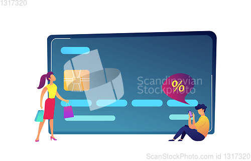 Image of Huge credit card, shopper with bags and buyer with smartphone vector illustration.