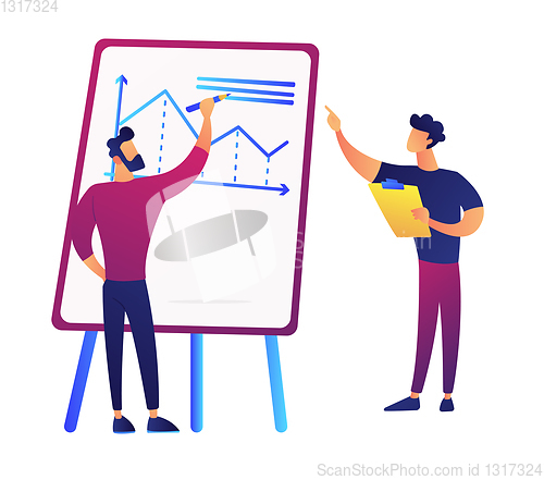 Image of Businessman drawing chart on presentation board and manager with clipboard vector illustration.