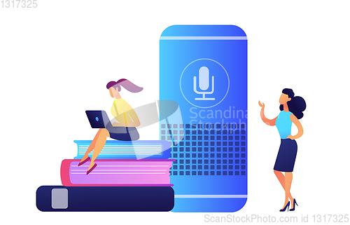 Image of Smart speaker, student with laptop sitting on books and teacher vector illustration.