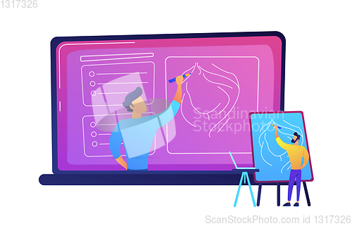 Image of Student watching online tutorial on a big laptop vector illustration.