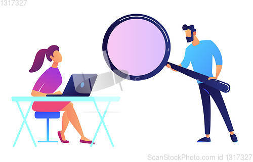 Image of Female student with laptop at desk and professor with magnifier vector illustration.