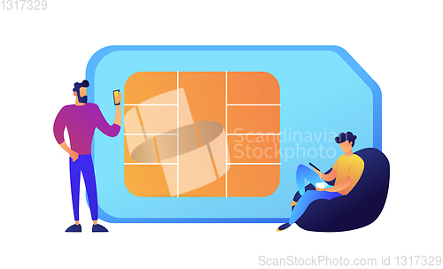 Image of Businessmen using mobile phones and huge SIM card vector illustration.