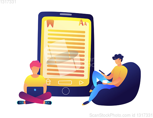 Image of Students reading e-book and huge tablet vector illustration.