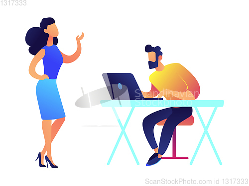 Image of Businesswoman talking and businessman working on laptop vector illustration.