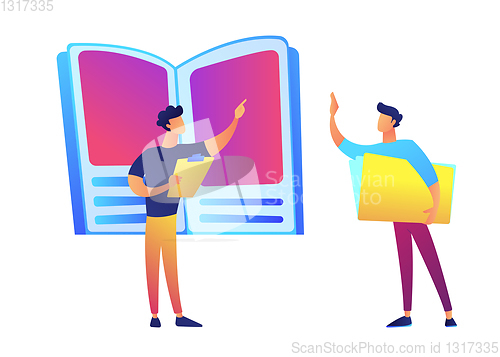 Image of Huge book, teacher pointing and student vector illustration.