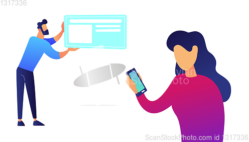 Image of Businesswoman with samrtphone and businessman with card vector illustration.