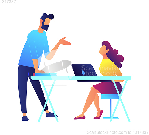 Image of Teacher speaking and student listens sitting at the desk with laptop vector illustration.