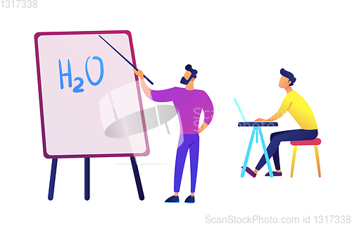 Image of Teacher pointing to board with water formula and student with laptop vector illustration.