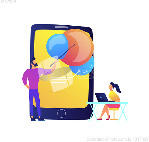 Image of Teacher pointing at tablet and student vector illustration.