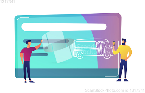 Image of Two men near huge public transport travel card with bus vector illustration.