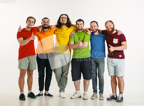 Image of Young men weared in LGBT flag colors isolated on white background, LGBT pride concept