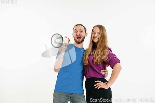 Image of Young men weared in LGBT flag colors isolated on white background, LGBT pride concept