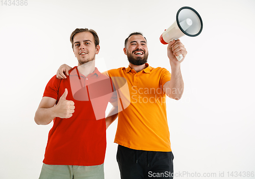 Image of Young men weared in LGBT flag colors isolated on white background, LGBT pride concept