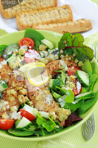 Image of Green salad with chicken stripes