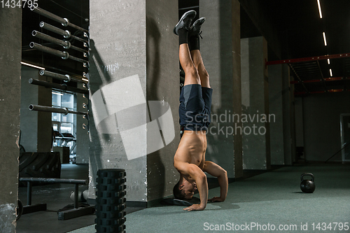 Image of A muscular male athlete doing workout at the gym