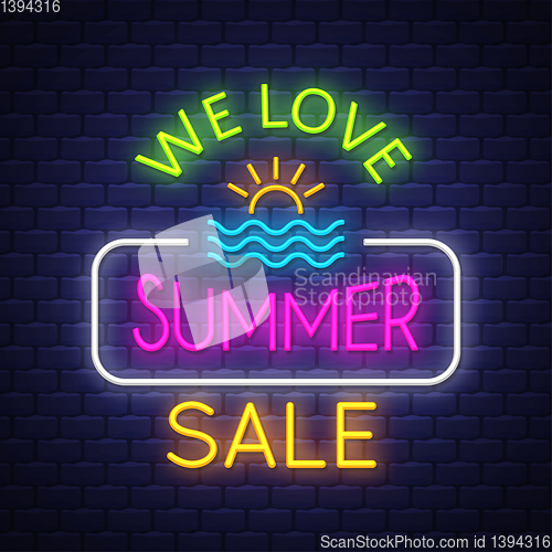 Image of Summer sale banner. Neon sign lettering.