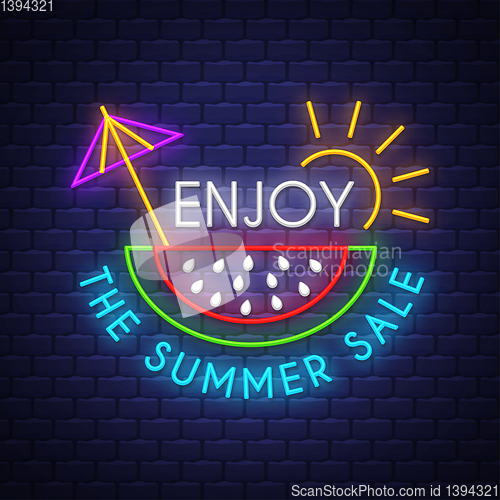 Image of Summer sale banner. Neon sign lettering.