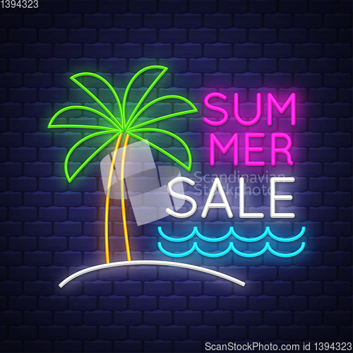 Image of Summer sale banner. Neon sign lettering.