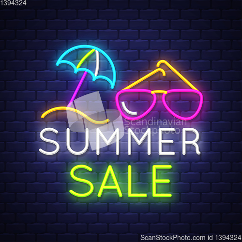 Image of Summer sale banner. Neon sign lettering.