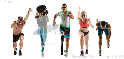 Image of Creative collage of runners or joggers on white background