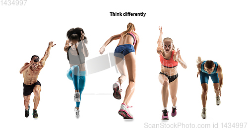 Image of Creative collage of runners or joggers on white background