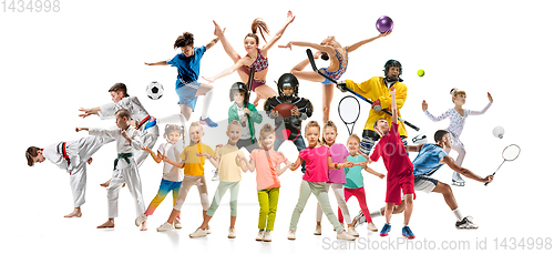 Image of Creative collage of childrens in sport