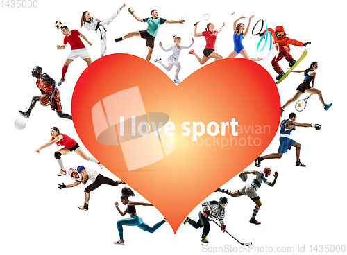Image of Creative collage of childrens and adults, I love sport