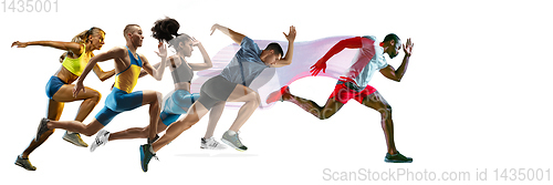 Image of Creative collage of runners or joggers on white background