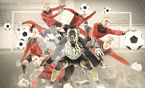 Image of Creative collafe of male football or soccer goalkeepers