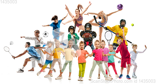 Image of Creative collage of childrens in sport