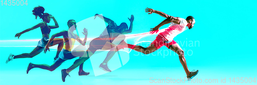 Image of Creative collage of runners or joggers on blue background