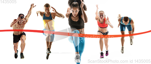 Image of Creative collage of runners or joggers on white background