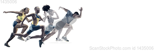 Image of Creative collage of runners or joggers on white background