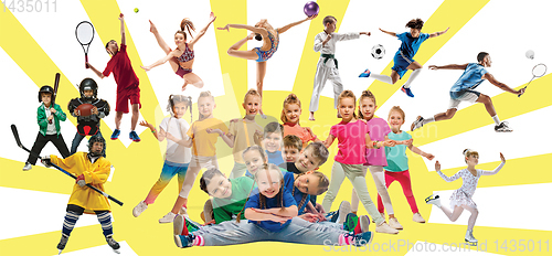 Image of Creative collage of childrens in sport