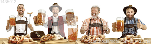 Image of Collage of men with beer dressed in traditional Austrian or Bavarian costumes