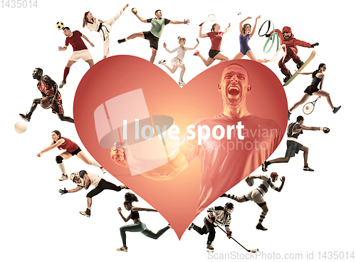 Image of Creative collage of childrens and adults, I love sport