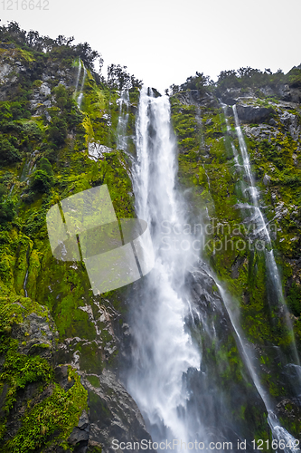 Image of Waterfall in Milford Sound lake, New Zealand